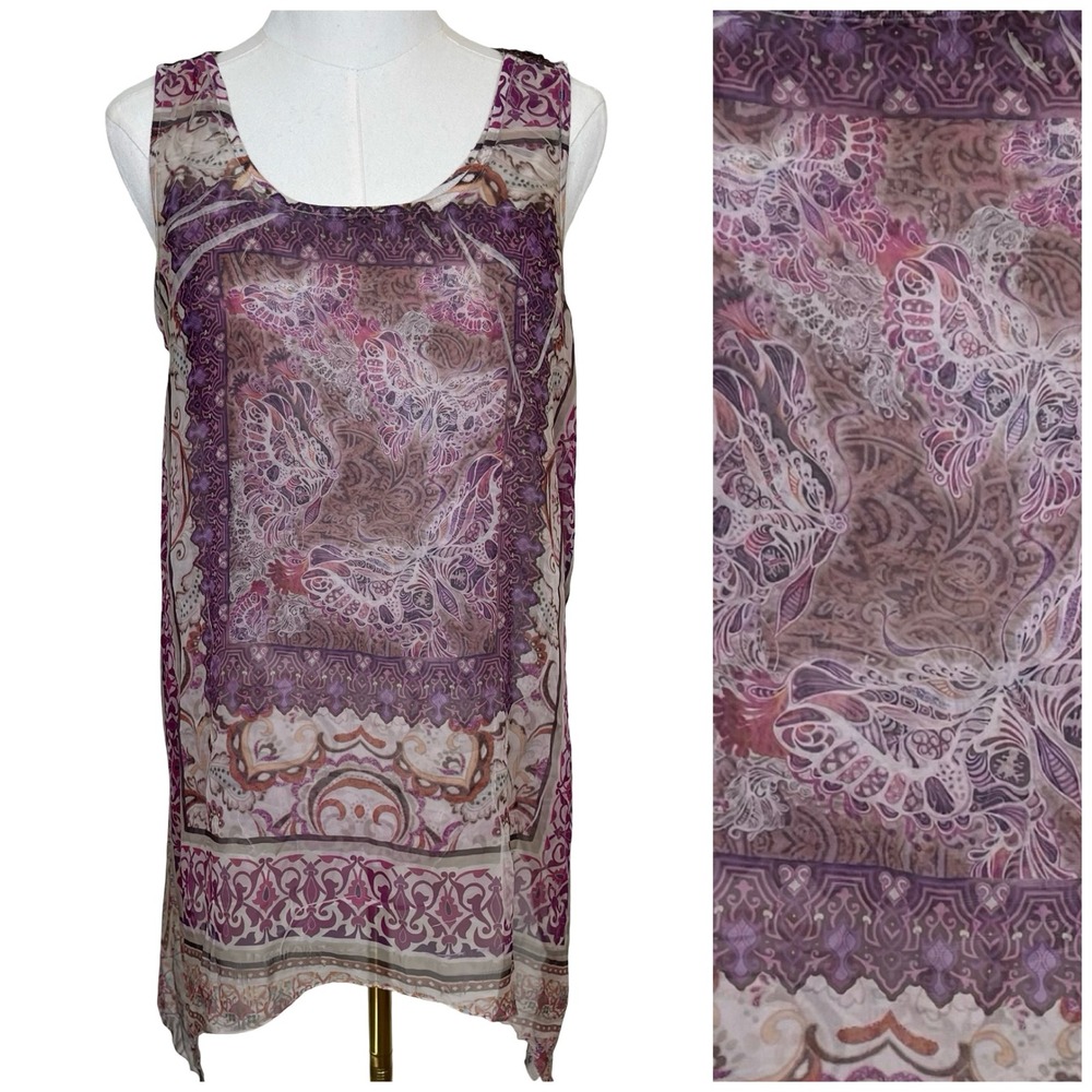 One World Womens Sheer Boho Butterfly Paisley Print Tunic Tank Top M Y2K Fairy